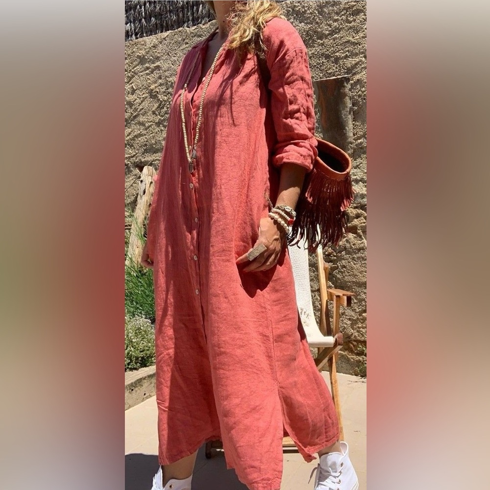 Stylish Coral Button-Down Linen Dress
